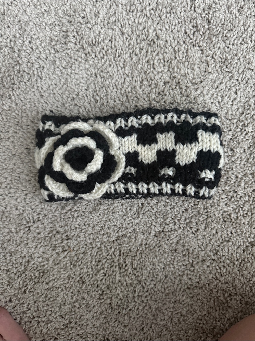 Hand-Knit Black & White Floral Ear Warmer Headband
